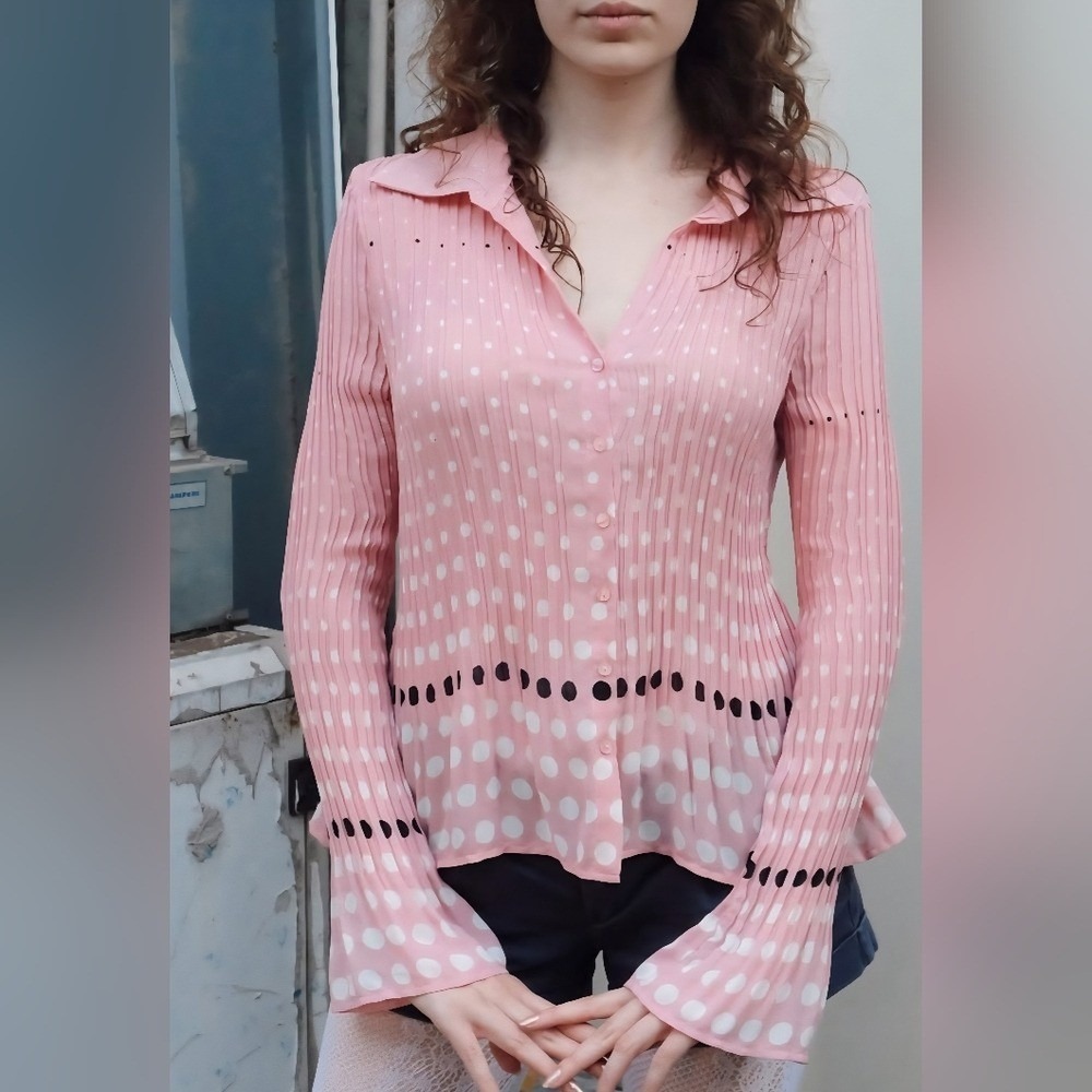 Allison Taylor‎ Pink Polka Dot Pleated Button Down Blouse NWT Large
